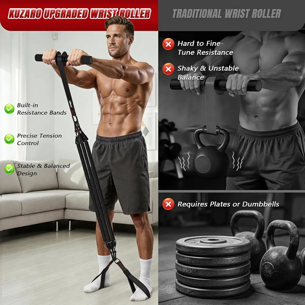 Forearm & Wrist Roller: 3 Resistance Bands (55-75 lbs), 2-in-1 Handle & Door Anchor for Home Gym, No Weights Needed