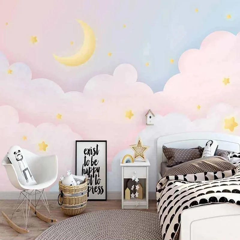 

Photo Wallpaper Nordic Hand Painted Pink Starry Sky Clouds Cartoon Moon Mural Children's Bedroom Background Wall Painting Fresco