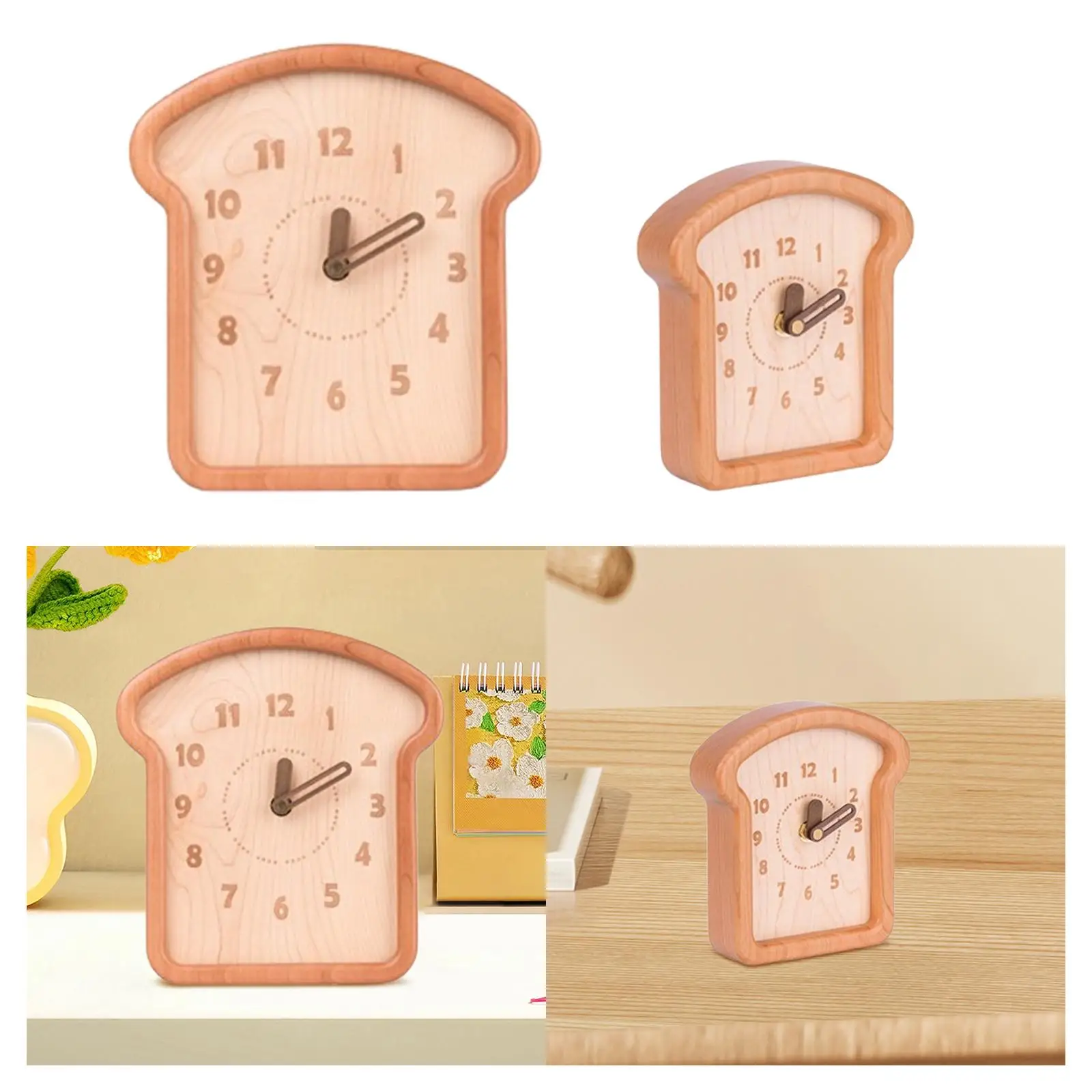 Toast Shape Wooden Analog Desktop Clock Versatile for Living Room Decor Decorative Battery Powered Quiet Non Ticking Shelf Clock