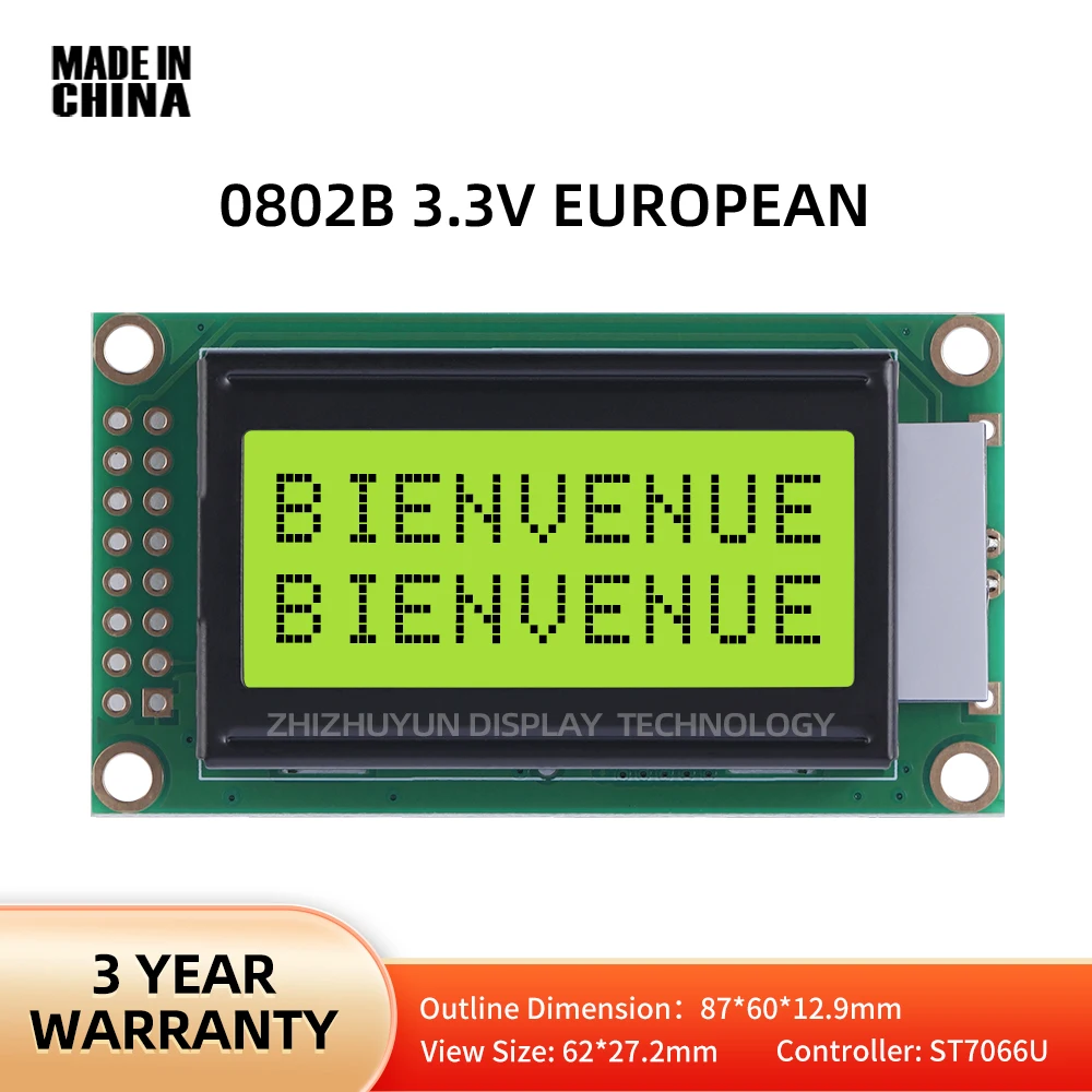 Módulo LCD de caracteres europeos 0802B, 3,3 V, 0802, película verde amarilla, 16 Pines, voltaje del fabricante, 3,3 V