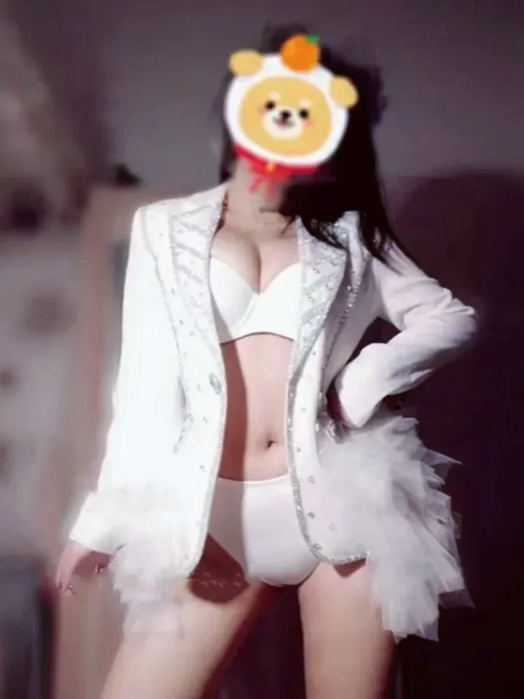 

Singer Dancer Concert outfit Red White Slim Fluffy Gauze Rhinestones Blazer Coat Women Stage Performance Jacket Dance Costume
