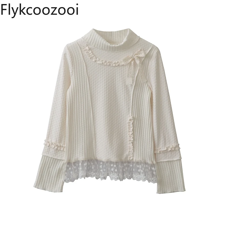 Original Homemade Sweet and Pure Lusty Fungus Bow with Slim Lace Splicing Knitted BottomingT-shirt Mainland China Y2k Clothes