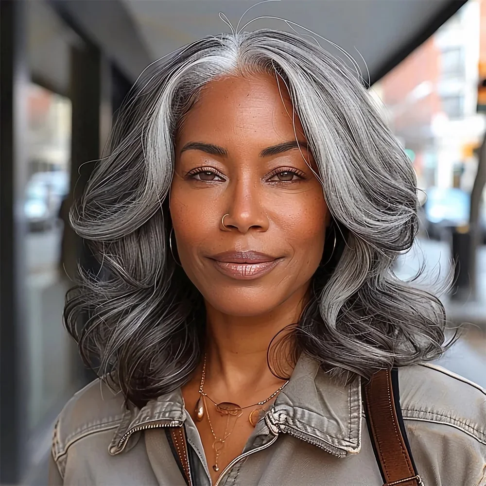 

Soul Lady Salt & Pepper Wig 5x5 Glueless HD Lace Closure Body Wave Bob Wig Silver Grey Loose Wave Human Hair Wig for Black Women