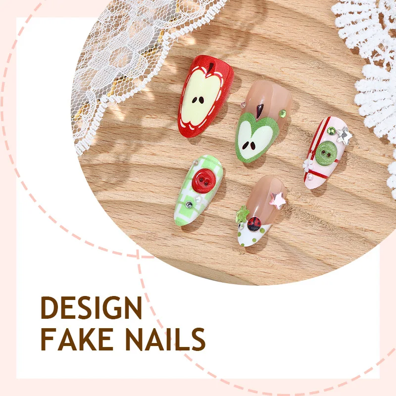 24 Stück niedliche künstliche Nägel mit Cartoon-Motiv, roter Apfel, grüne Tupfen, karierte Muster, französische künstliche Nägel, Spitze, süße Frucht, Mandelnägel zum Aufdrücken