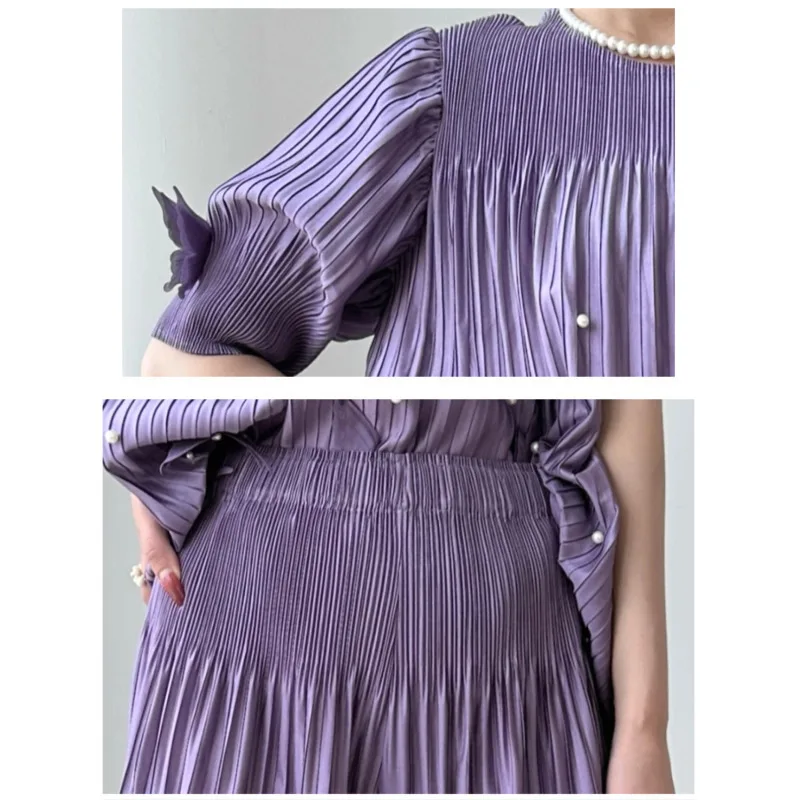 YFPF Women Pleated Beading Bow Spliced Design 2 Piece Set Short Sleeve Tops + Wide Leg Trousers Summer New Clothing 3A294