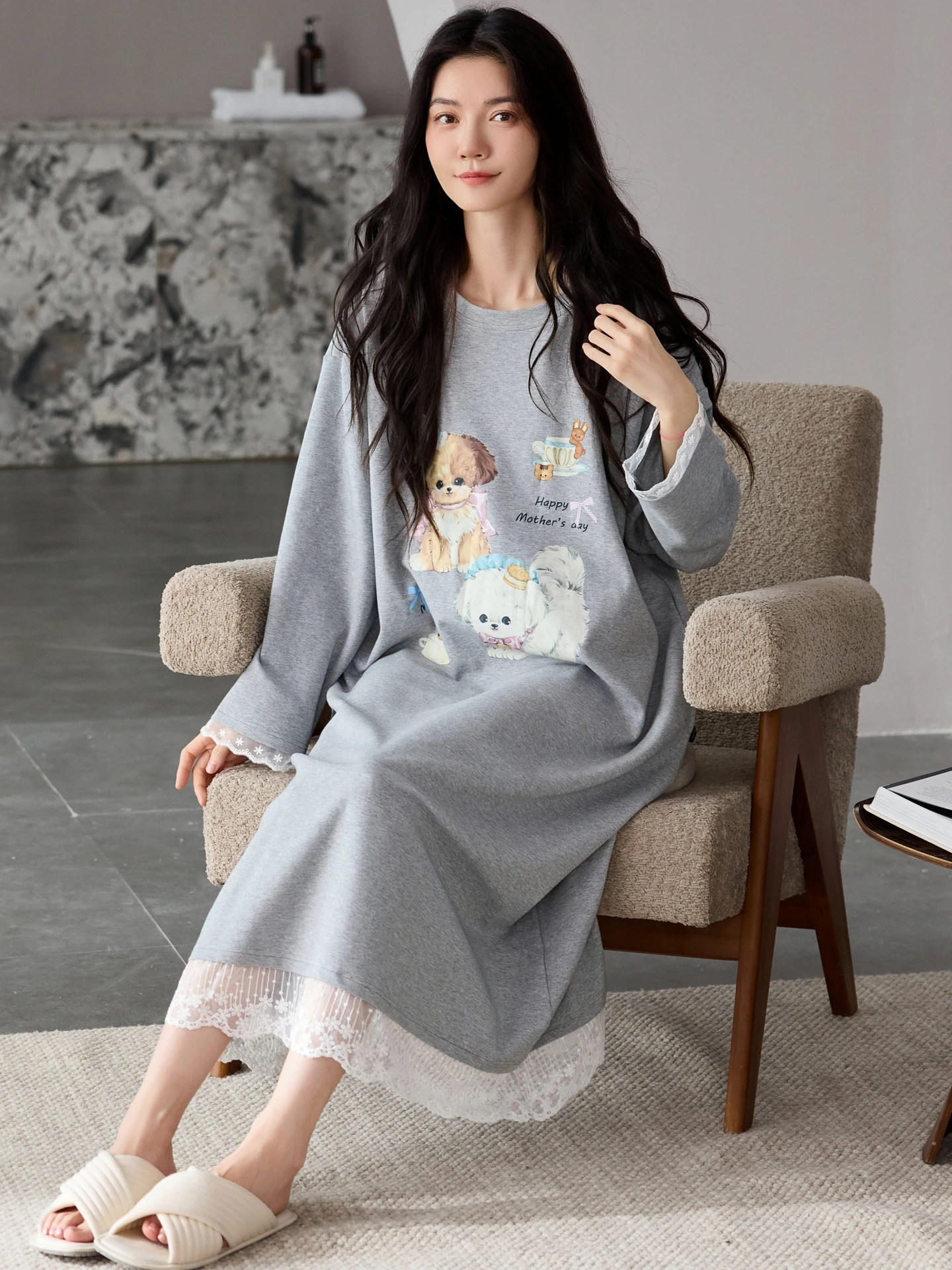 純綿長袖スリープドレス-レディース-春秋-2025-かわいいマタニティナイトガウン-胸パッド付き-外でも着用可能