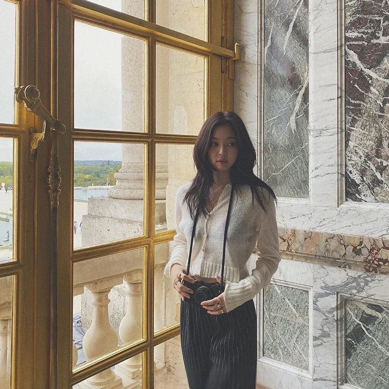 Kpop 여성 가수 재즈 댄서 의상, 흰색 긴 소매 얇은 스웨터 크롭탑, 여성 그룹 의상, 무대 공연 의류