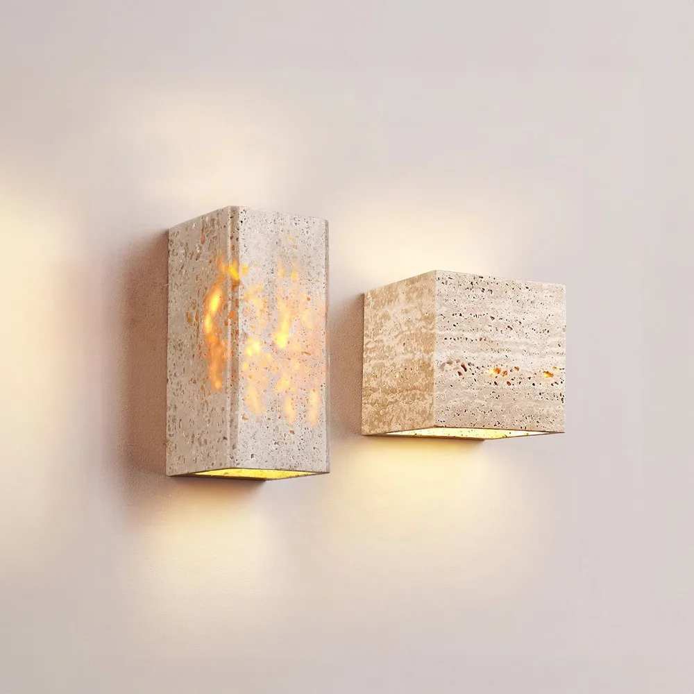 

IP65 Rectangular Cube Yellow Travertine Stone, Wabi-sabi Modern, Wall Sconces Light for Bedroom, Living, Corridor, Entrance Hall