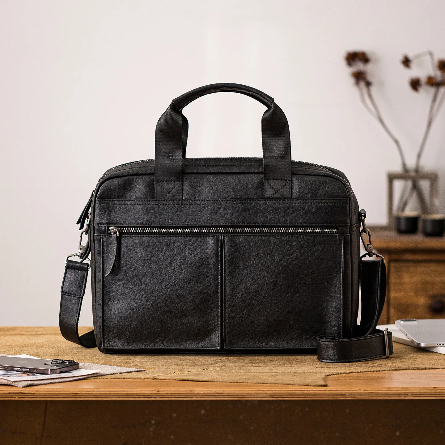 business work genuine leather men's black briefcase casual designer handmade real cow leather luxury laptop messenger bag