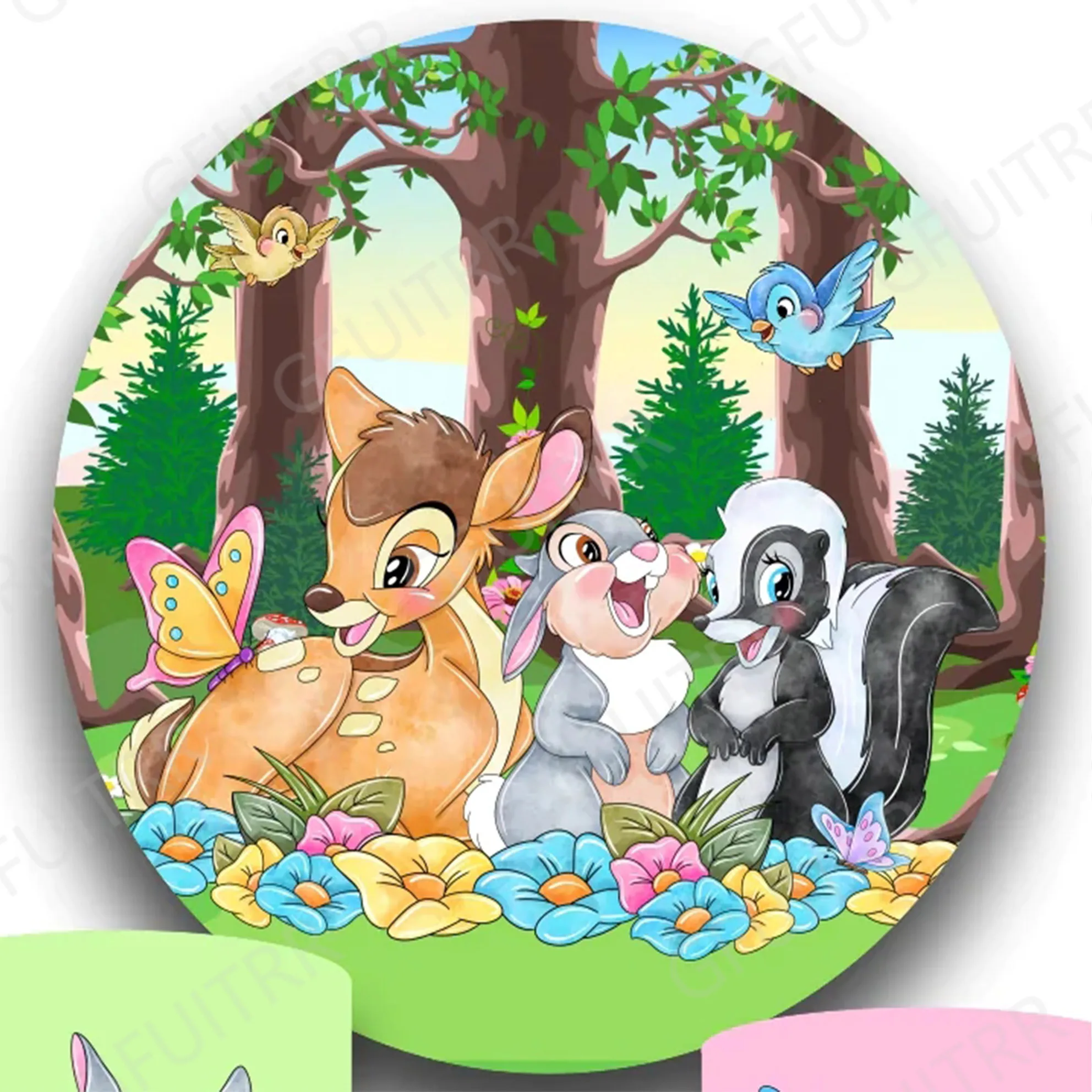 Disney Bambi Circle Backdrop Child Birthday Photography Backdrop Cute Deer Round Cylinder Cover Party Decor Poster Photo Prop