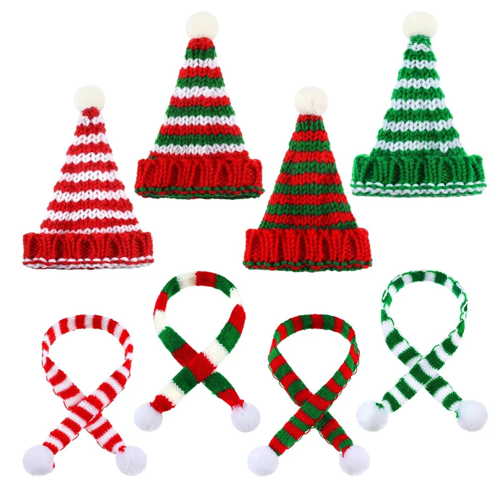 

2PCS Mini Knit Doll Hats and Scarves Set Mini Santa Stripe Doll Clothing Accessories for DIY Craft Christmas Tree Gift Decora