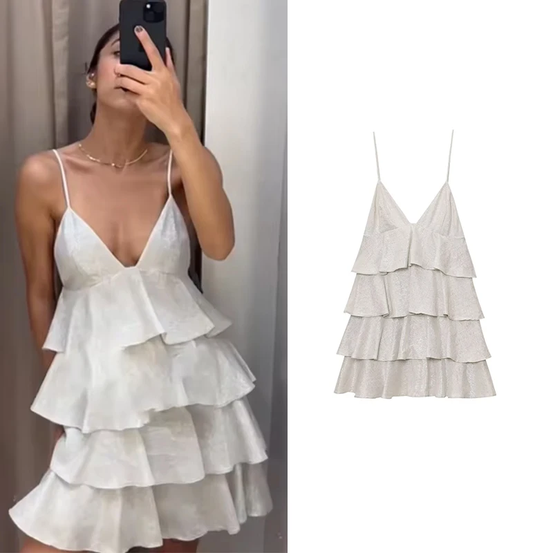 

New Dress Women's Summer Fashion Slim Hanging Neck V-neck Laminated Elegant Women's Dress Youth Summer Holiday Travel Dress