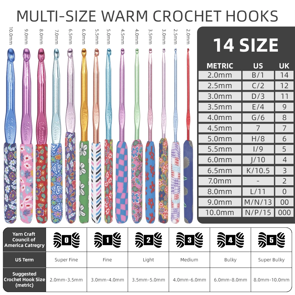 14Size Crochet Hooks Set High Quality Coloured Aluminum Ergonomic Handle Crochet for Yarn Craft Nice Gift for Women