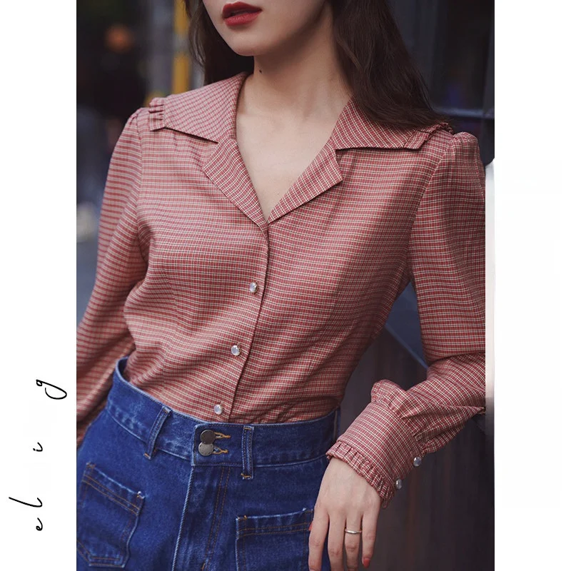 

Оригинальная женская рубашка Elwing Spring 2026 в винтажном стиле преппи, винно-красная, в клетку, с воротником, для ношения под одеждой, модная, для офиса