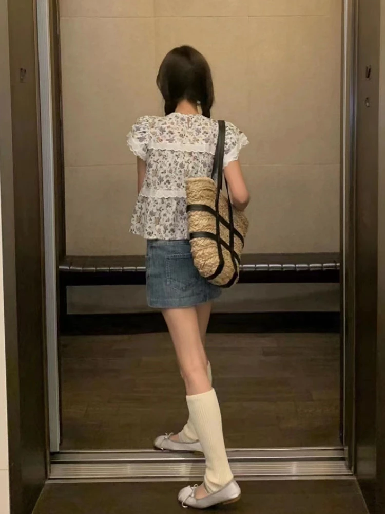 Blusen für Damen, abgeschnitten, Sommer, Vintage, zart, süß, bedruckt, ästhetisch, gerüscht, französischer Stil, mädchenhaft, beliebt gestaltet, Camisas Young