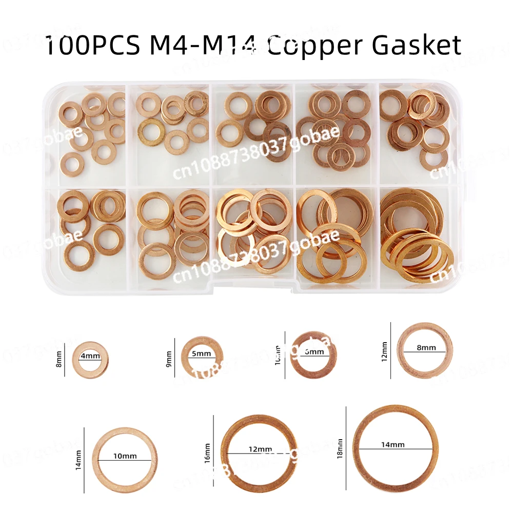 100/200PCS Copper Washer Gasket Nut and Bolt Set Flat Ring Seal Assortment Kit with Box M4/M5/M6/M8/M10/M12/M14 for Sump Plugs