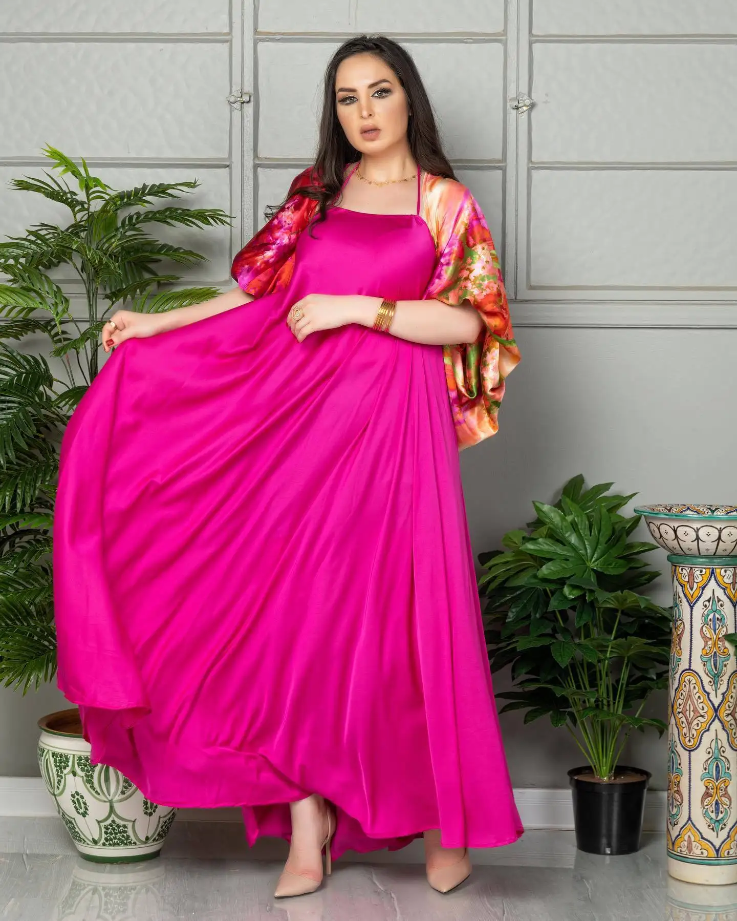 

Spring and summer Middle East women's clothing sexy printing big swing shawl dress two-piece party sexy temperament elegant high