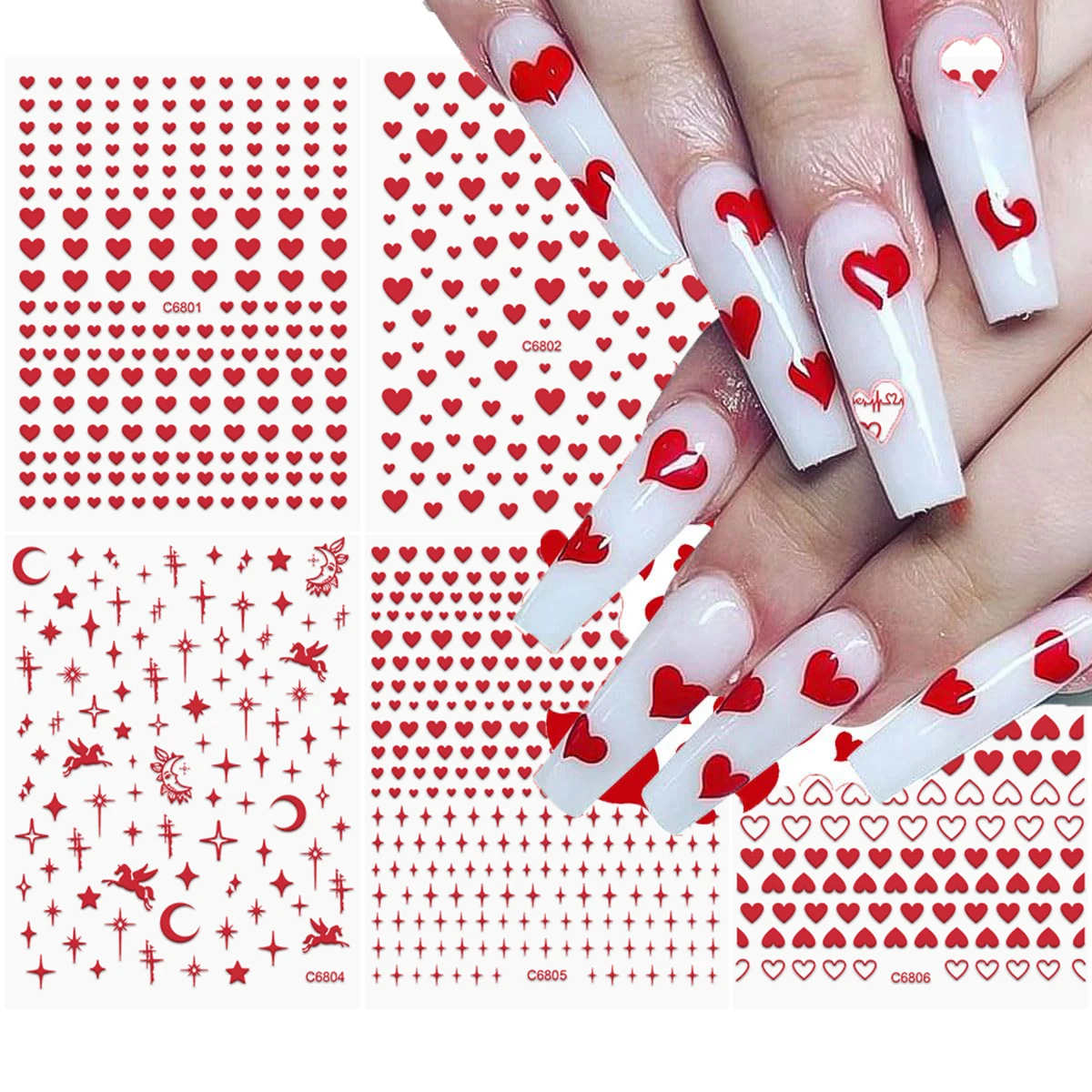 6 pièces/Kit saint valentin 3D rouge amour coeur Nail Art autocollants mixte rouge pêche coeur ongles décalcomanie auto-adhésif rouge coeur ongles curseur