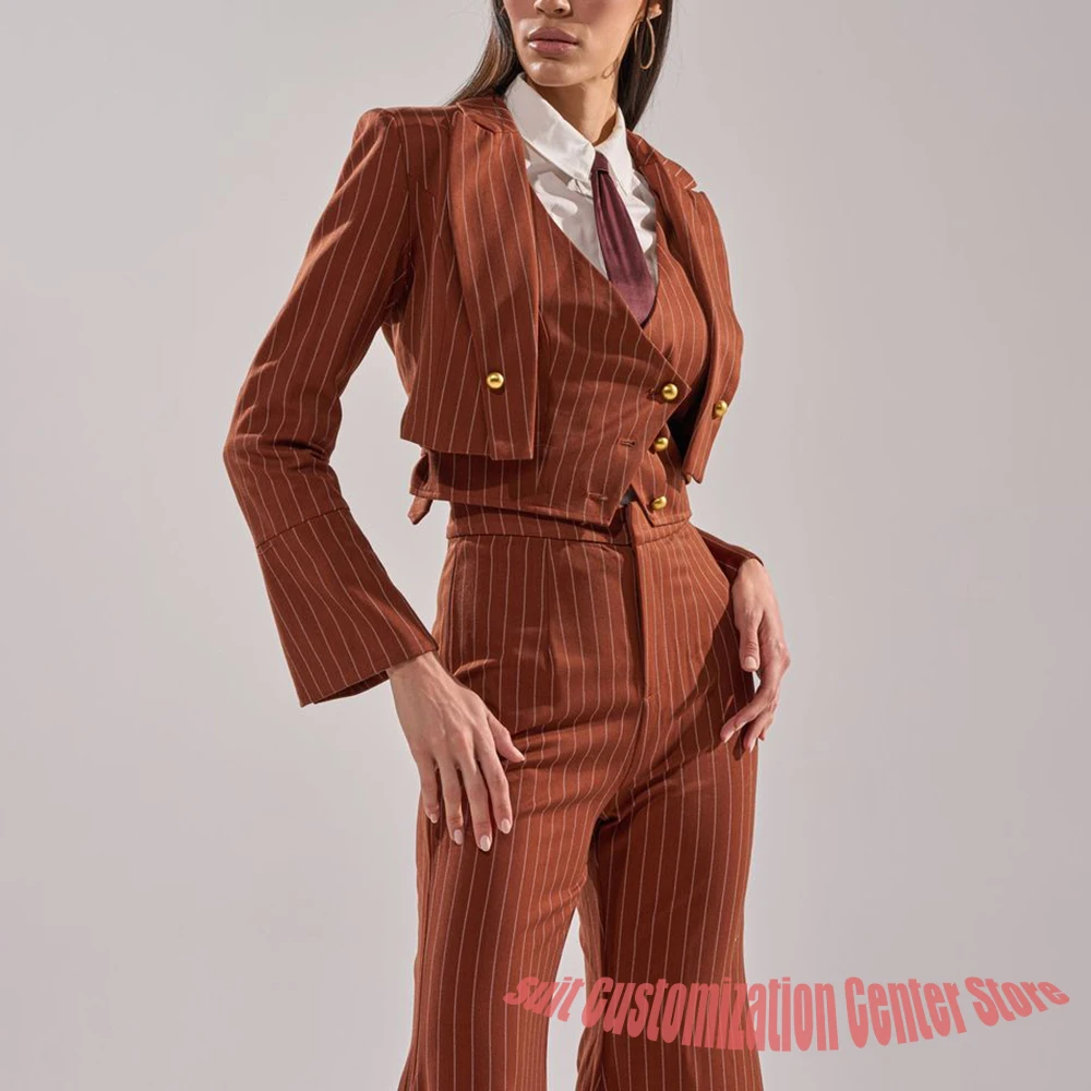 Women's Brown Pinstripe Three-Piece Suit Cropped Blazer+Waistcoat+Flared Pants Retro Formal Set for Evening Party Outerwears