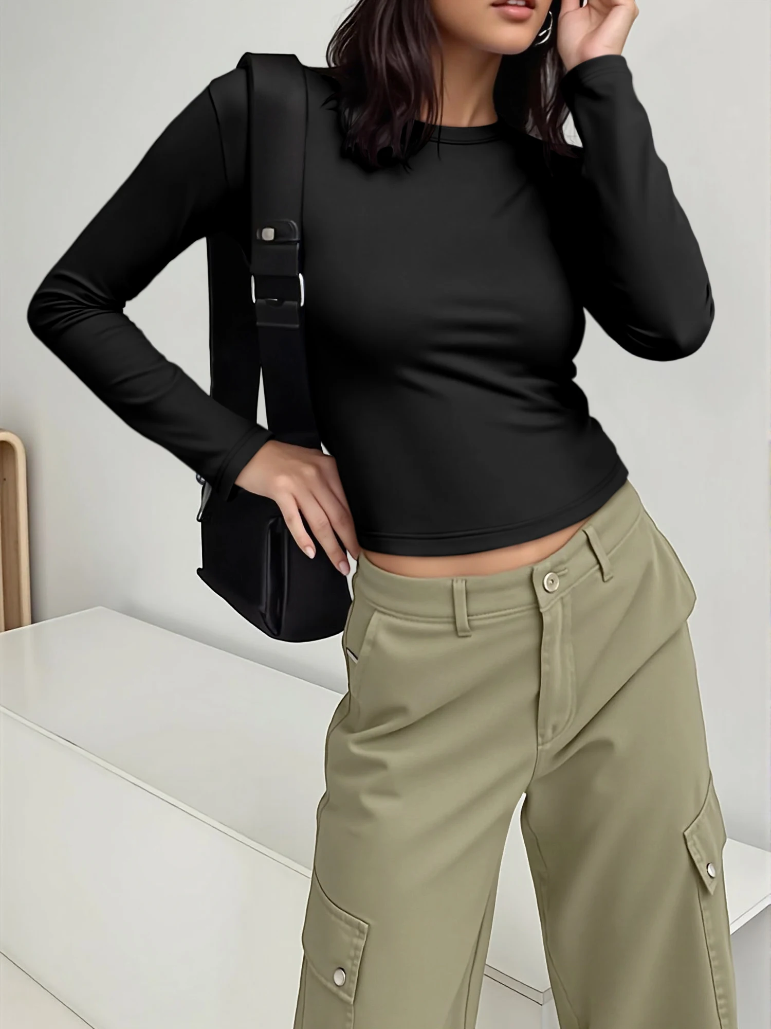 Long Sleeve Slim Crop Top, Figure Flattering Basic Tee for Club Outfits & Trendy Street OOTD