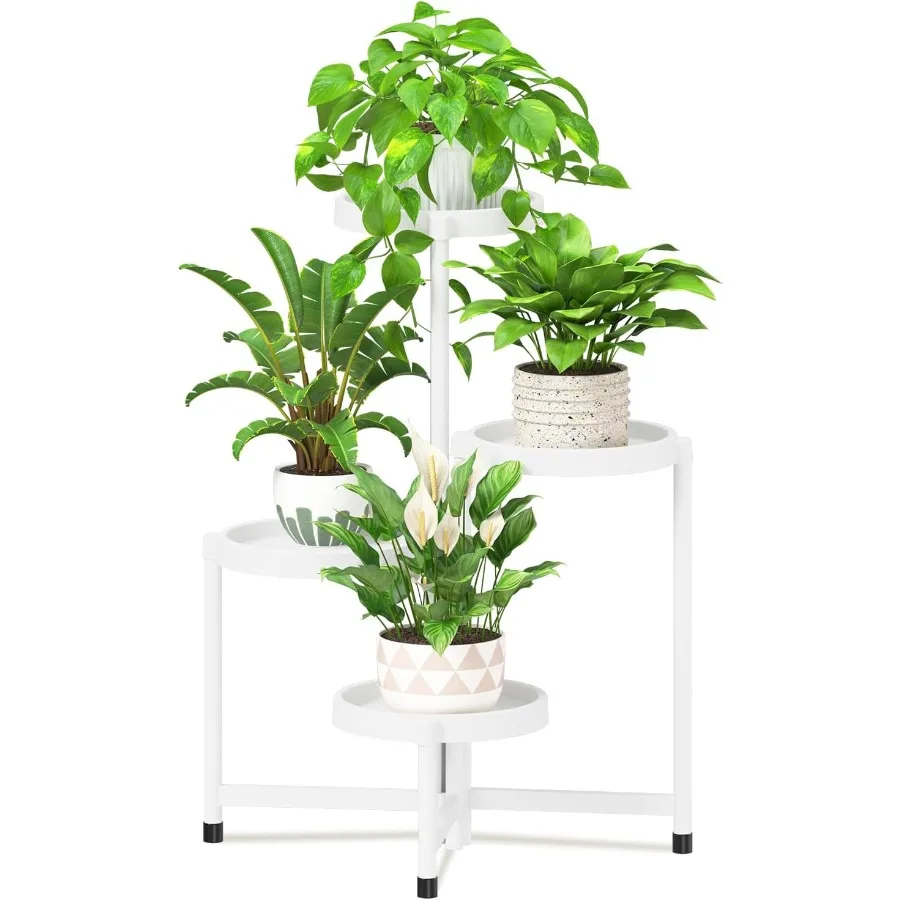

4 Tier Folding Plant Stand Indoor Outdoor with Plastic Tray Tiered Corner Flower Holder Shelf Metal Orchid Display