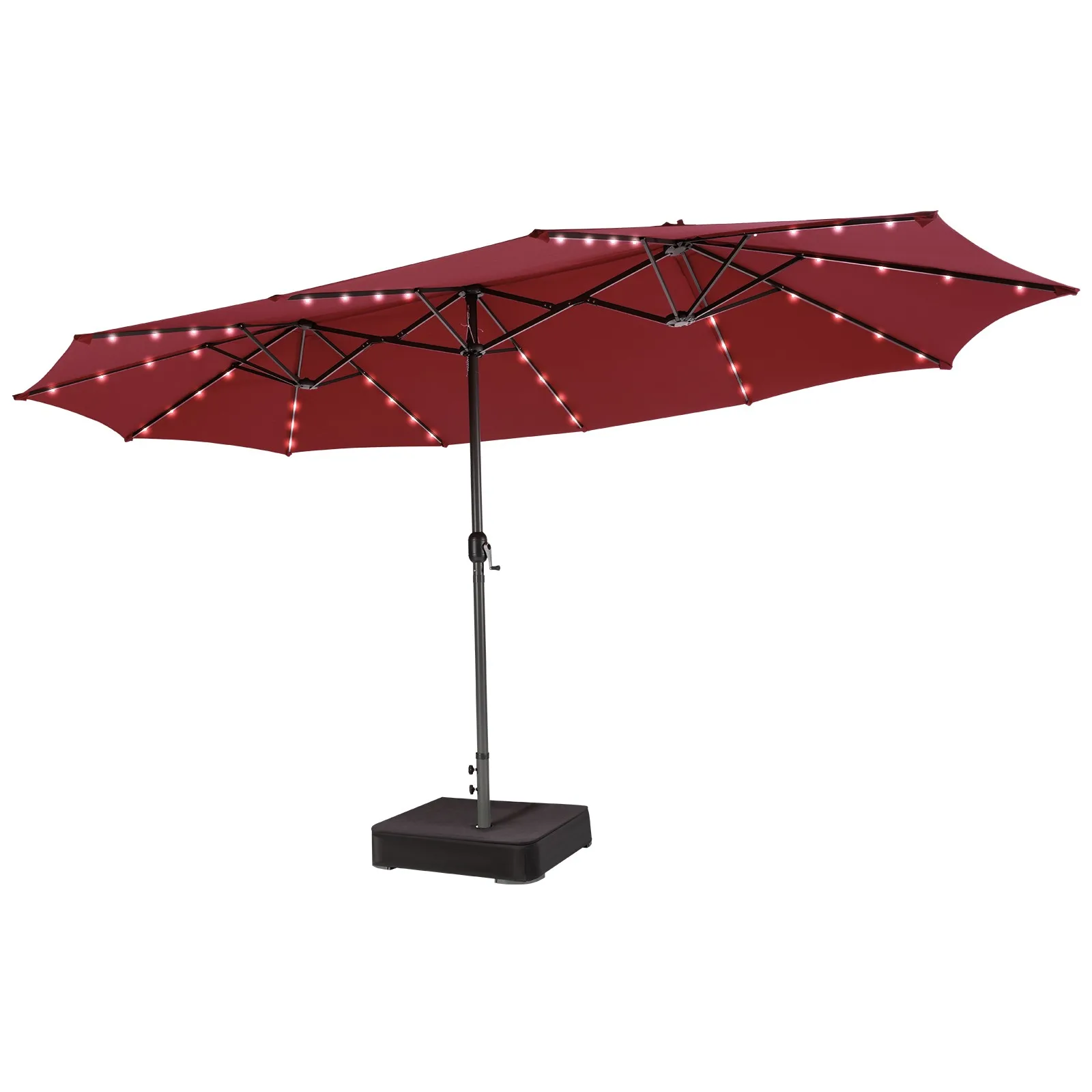 

15FT Double-Sided Patio Umbrella 48 Solar LED Lights Crank & Base Outdoor Wine