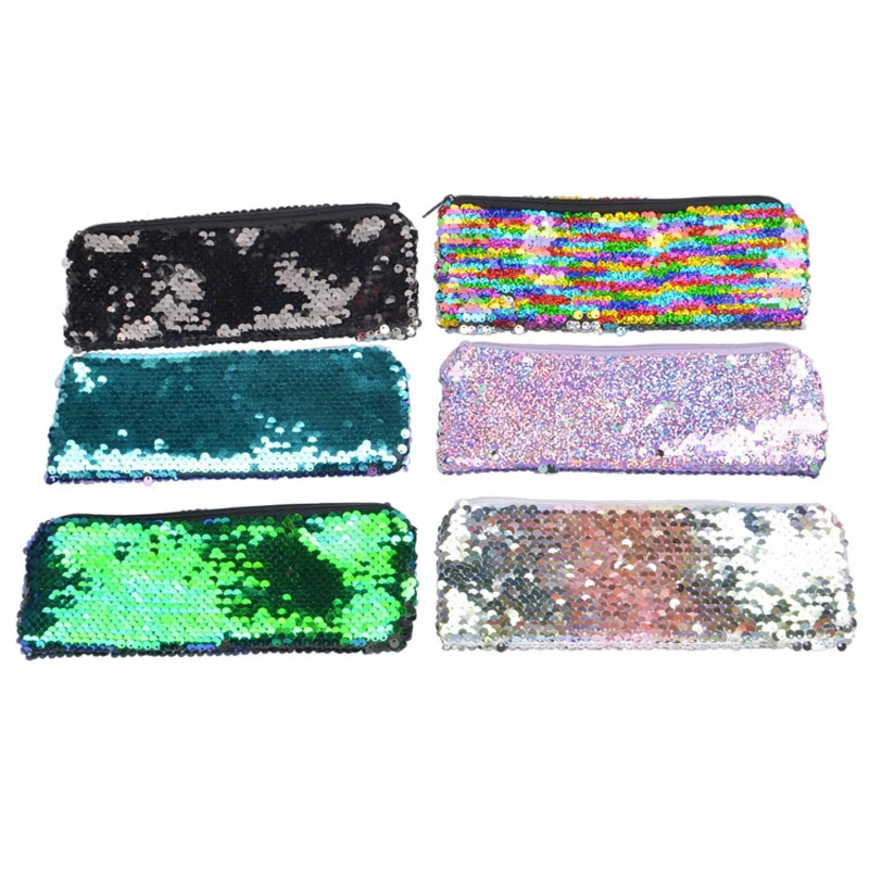 

DHL100pcs Cosmetic Bags Women Polyester Mermaid Sequins Long Pencil Bag Mix Color