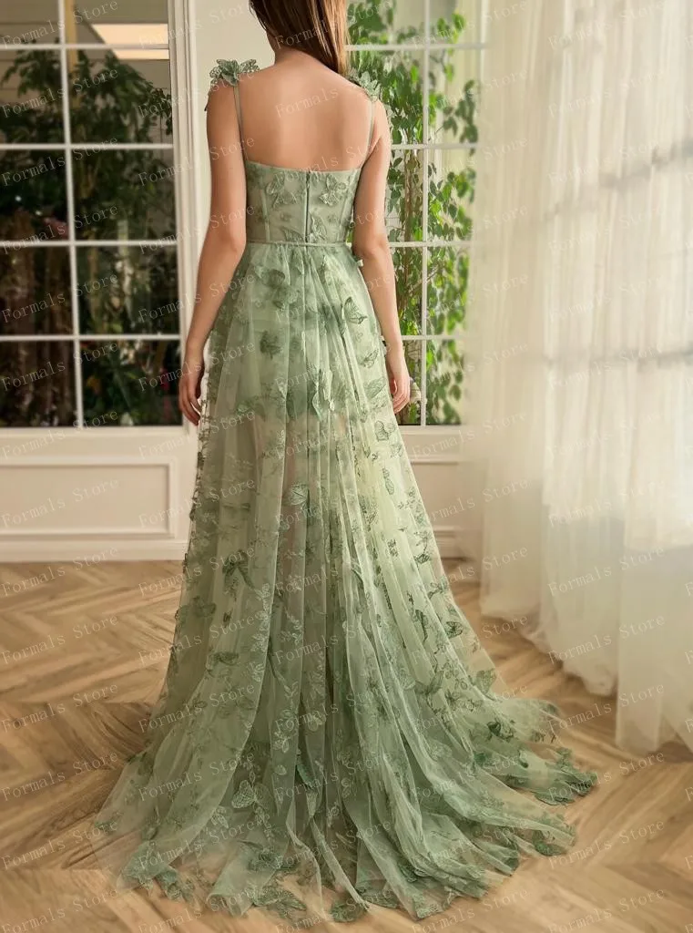 Straps Light Green A-line Applique Butterfly Evening Dresses See Through Woman Clothes With Slit Open Back Prom Dress Pretty