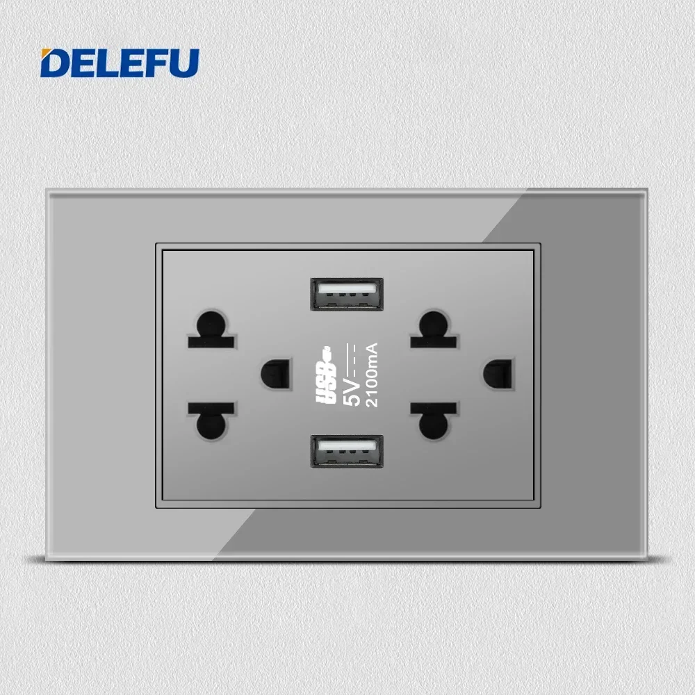 DELEFU-Tomada de Parede com Interruptor de Luz, Vidro Temperado Cinza, USB Tipo C, Tomada Padrão dos EUA, Plugue América do México, Carregamento Rápido, 118x72