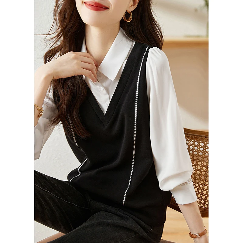 

Fashion Lapel Button Spliced Fake Two Pieces Blouses Women's Clothing 2024 Autumn New Loose All-match Tops Office Lady Shirts