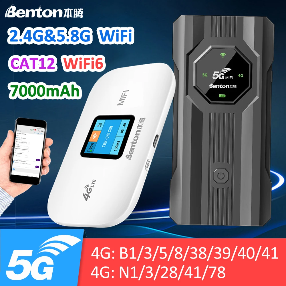 Benton 4G 5G Router 5G SIM WiFi Router Portable WiFi Hotspot Dual Band 2.4G 5.8G WiFi6 CAT12 Pocket Mobile Router Travel Modem