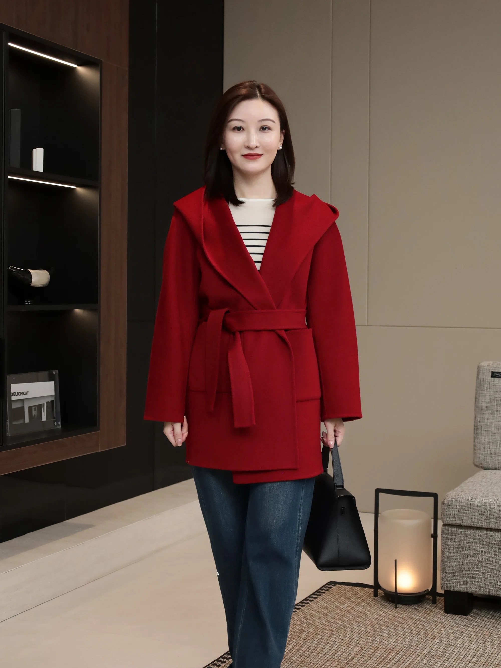 

Двустороннее шерстяное пальто с капюшоном, красное, с нашивками, из австралийской шерсти, для повседневной носки, женское, утепленное, весеннее