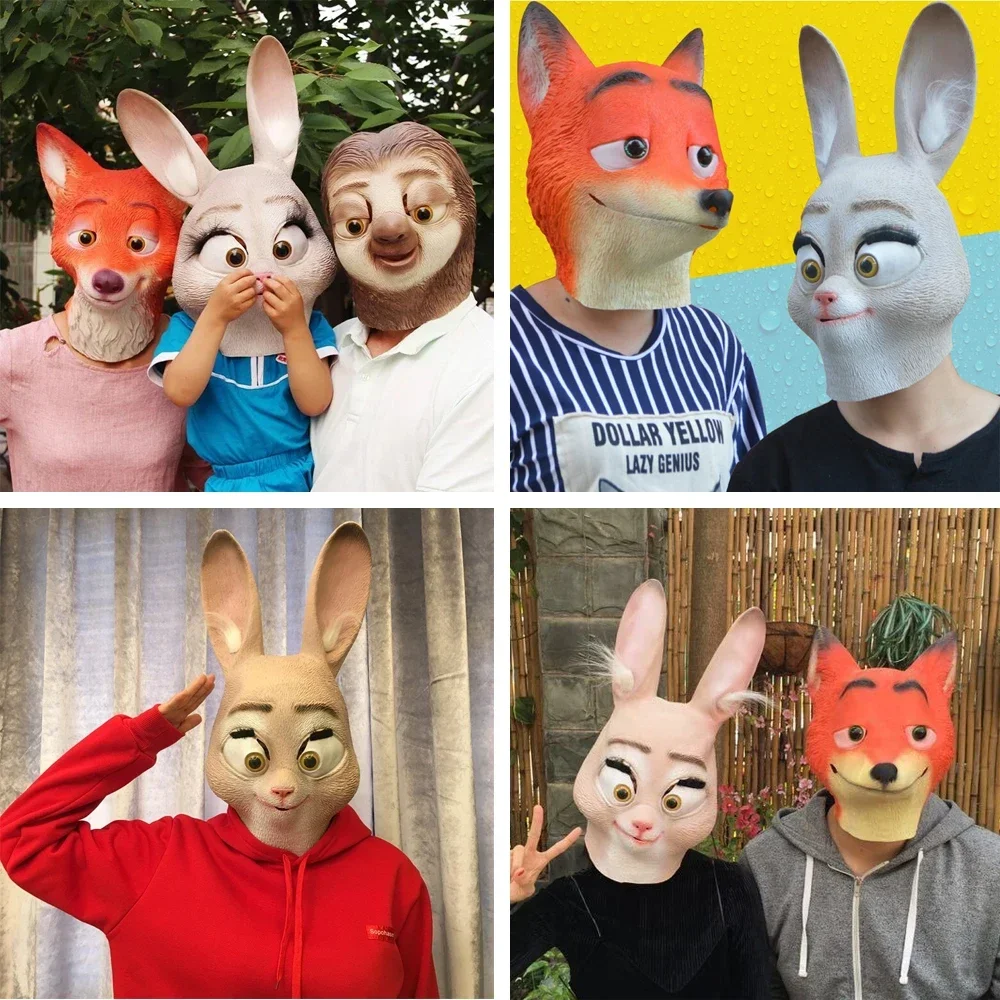 Masques de lapin en latex complets avec de longues oreilles, grand masque pour les yeux, costume d'animaux Judy, accessoires de fête, cosplay d'Halloween, mignon, nouveau