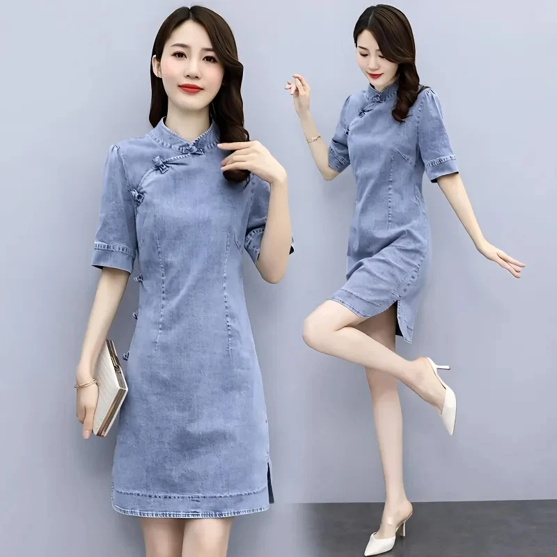 Vestido jeans estilo chinês feminino, cintura cheongsam melhorada, pulôver feminino de manga curta, saia em linha A, novo, verão 2022