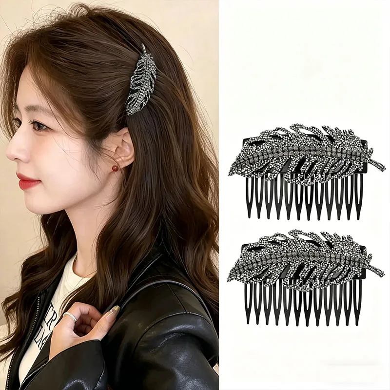 

2pcs/set Luxury Rhinestones Feather Shape Hair Comb For Women Elegant Hair Ornament Hairpin Hair Clip Vintage Hair Accessories
