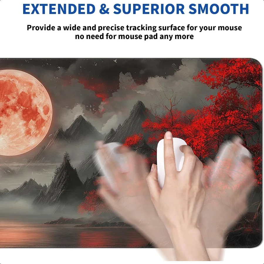 Darkn Red Moon Mouse Pad Abstract Red Mouse Pad 31.5x11.8 Inch Texture NonSlip Rubber Base Large Mousepad Stitched Edges Keyboa