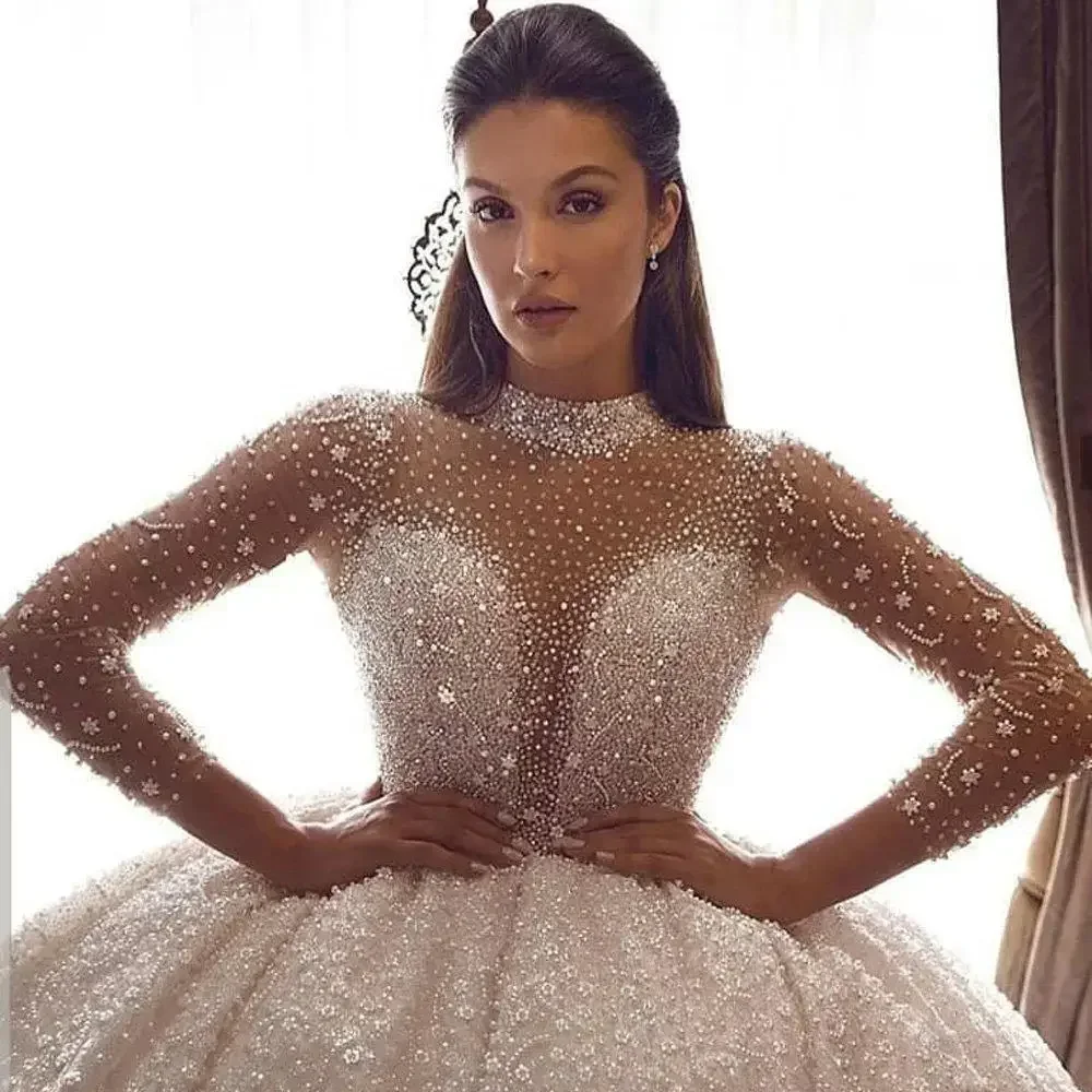 Customized Perfect Combination Luxury Beading Bridal Gowns Long Sleeve Large Ball Gown Saudi Arabia Custom Made Wedding Dresses