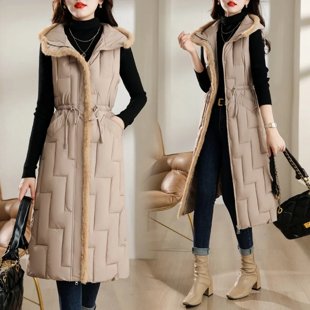 Brieuces New Autumn Winter Down Cotton Waistcoat Womens Cotton-Padded Windproof  Pocket Drawstring Hooded Warm Long Puffer Vest