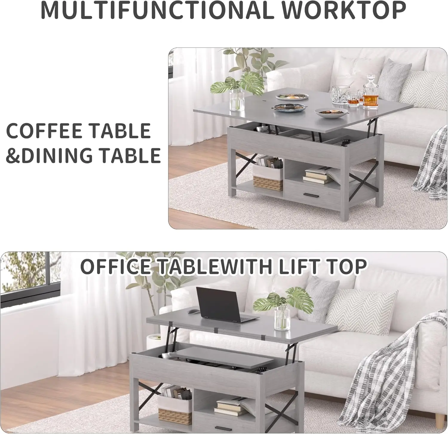 Mesa de centro con tapa elevable multifunción gris: convertible en mesa de comedor con cajones de almacenamiento, compartimentos ocultos