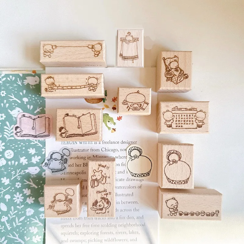 Paipai Studio - Sello de madera con diseño de oso y gato para álbumes de fotos, tarjetas y manualidades DIY