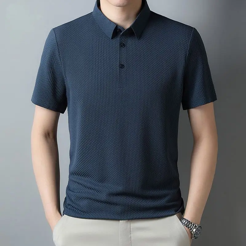 2024 Summer Thin Ice Silk Cool Men\'s Polo Shirt Solid Lapel Button Patchwork Smart Casual Elastic Breathable Short Sleeved Top