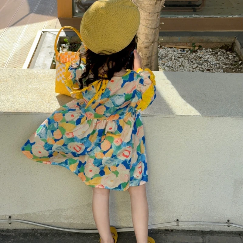 2026 Spring/Summer New Children's Big Flower Bright Contrasting Color Lotus Sleeve Dress