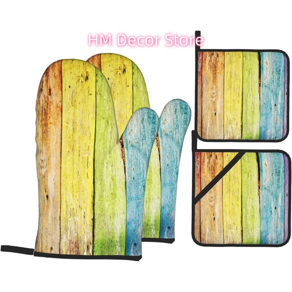 Rainbow Wood Grain Oven Mitts and Pot Holders Sets of 4, Country Style Cooking Gloves Non-Slip Heat Resistant Polyester Oven Mit