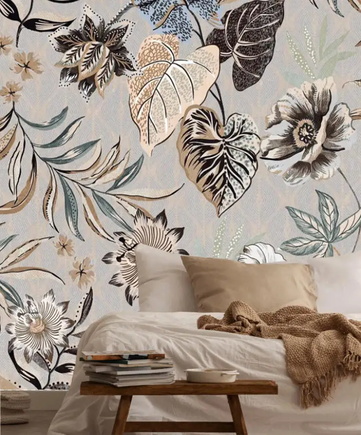 Aangepaste behang regenwoud planten zwart-witte bladeren bloemen achtergrond muren muurschildering woondecoratie zelfklevend 3d behang