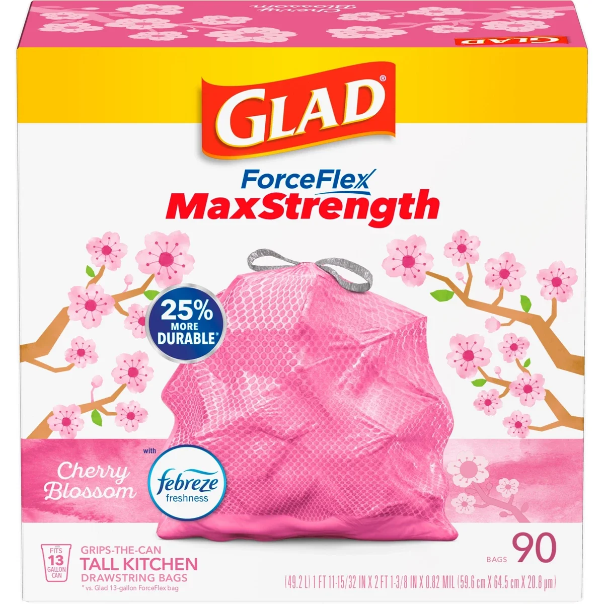 Bolsas de Basura Glad ForceFlex MaxStrength Altas para Cocina con Cordón, Color Rosa Flor de Cerezo - 13 Galones