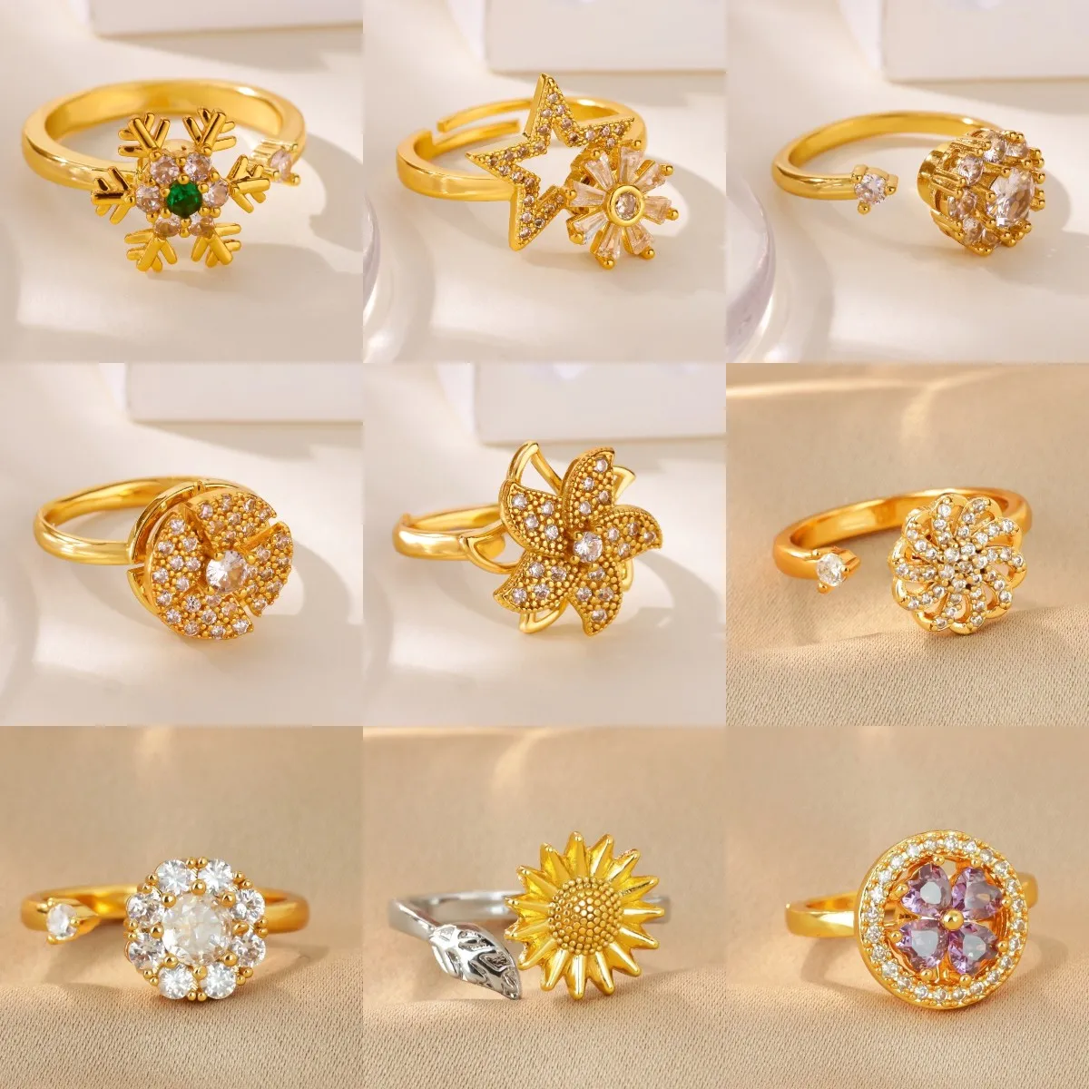 Fashion Decompression Spinning Zirconia Rings Open Spinner Adjustable Anxiety Finger Rings Rotating Freely Anti Stress Jewelry