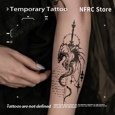 Dragon Sword Temporary Tattoos Herbal Juice Fake Tattoo Gothic Medieval Black Sketch Waterproof Lasting Body Art Sticker for Men