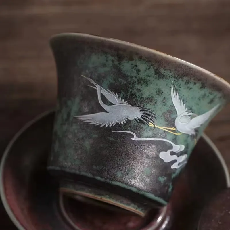 Sancai Tureen Tazón de Té de Cerámica Kung Fu con Diseño Creativo de Grulla, Taza Reina para el Hogar, Gaiwan de Cerámica de Cerámica Rústica