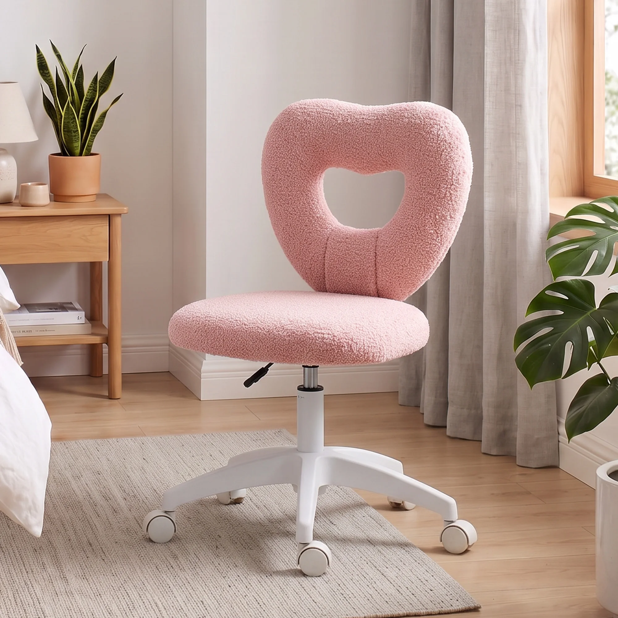 HOMCOM Armless Home Office Cute Desk Chair, Height Adjustable Computer Task Chair, Modern Teddy Fleece Heart Makeup Vanity Chair with Swivel Wheels, Pink