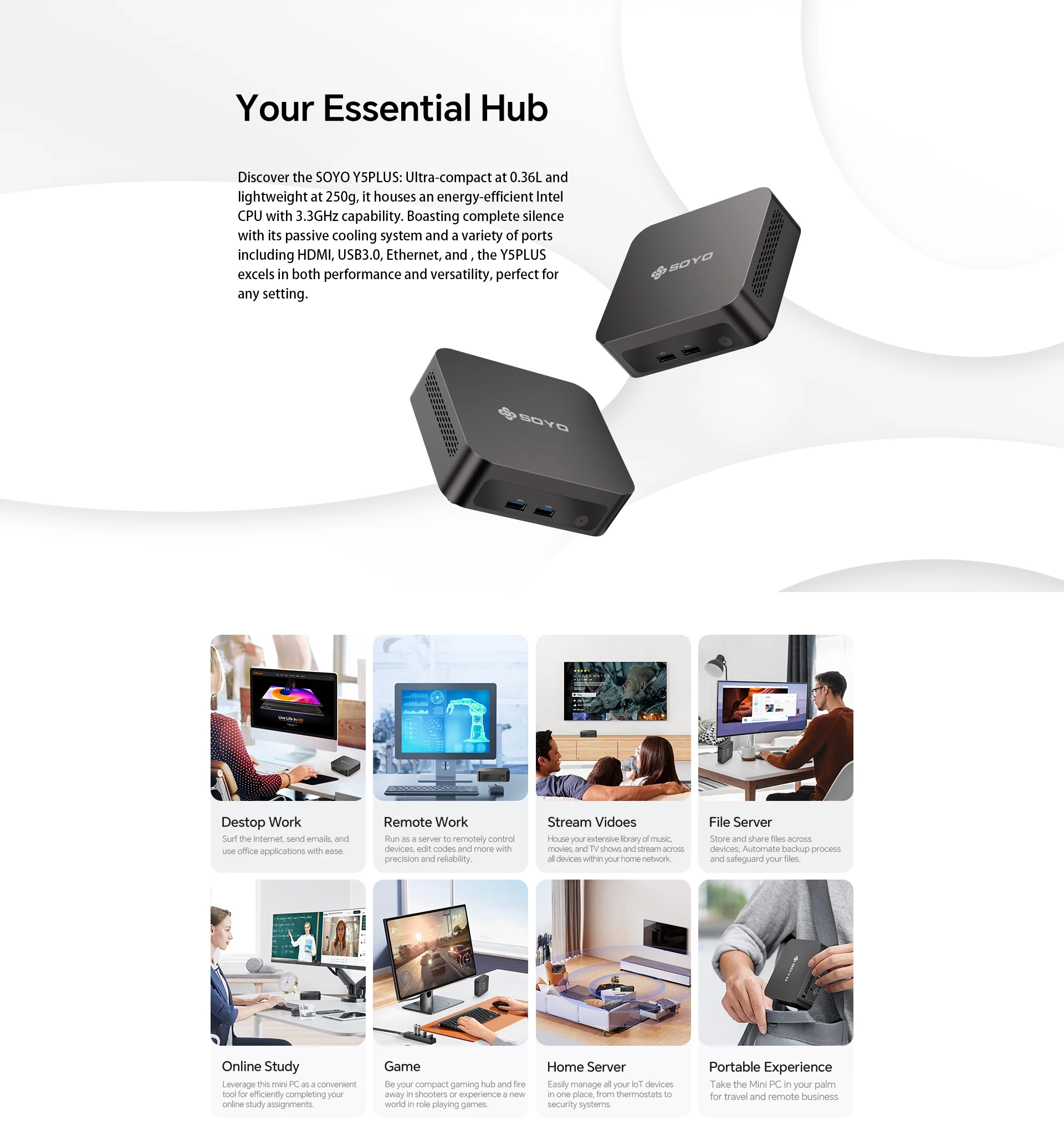 SOYO New Y5 Plus Mini PC Intel Core i7 4th CPU (Up to 3.3GHz) 8G RAM 128GB SSD Desktop Computers Dual 4K Display Type-C WiFi5